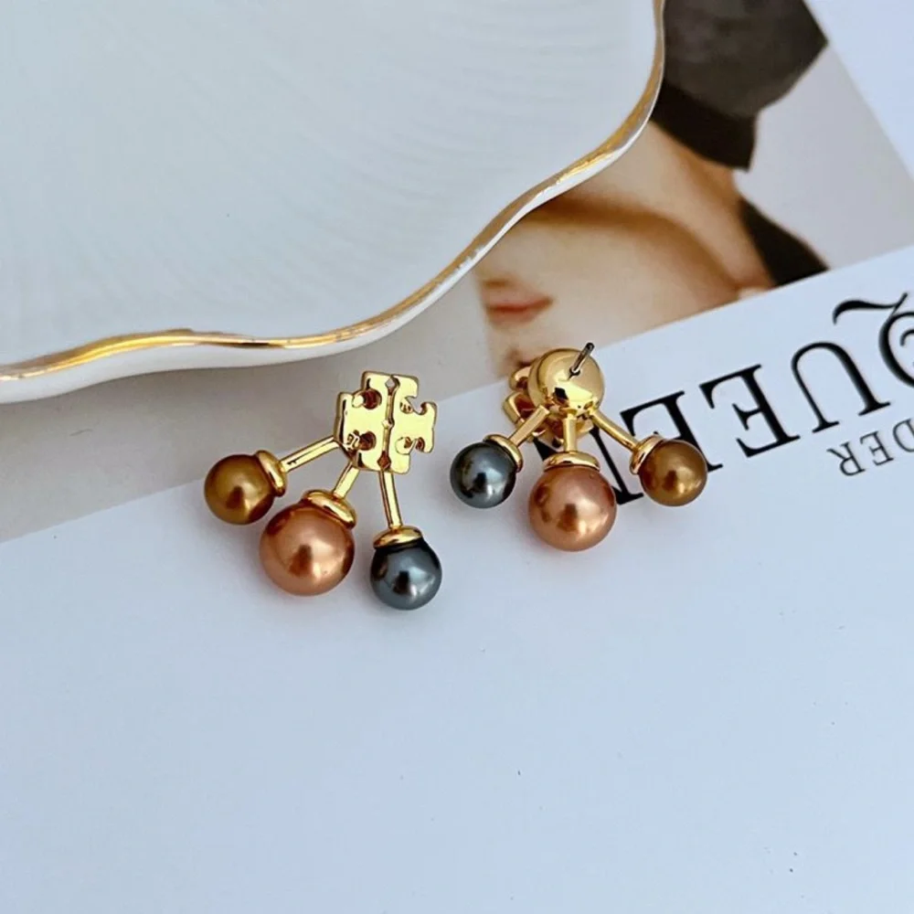 Tory Burch Gold and Brown Dangle 3 Pearl Earrings